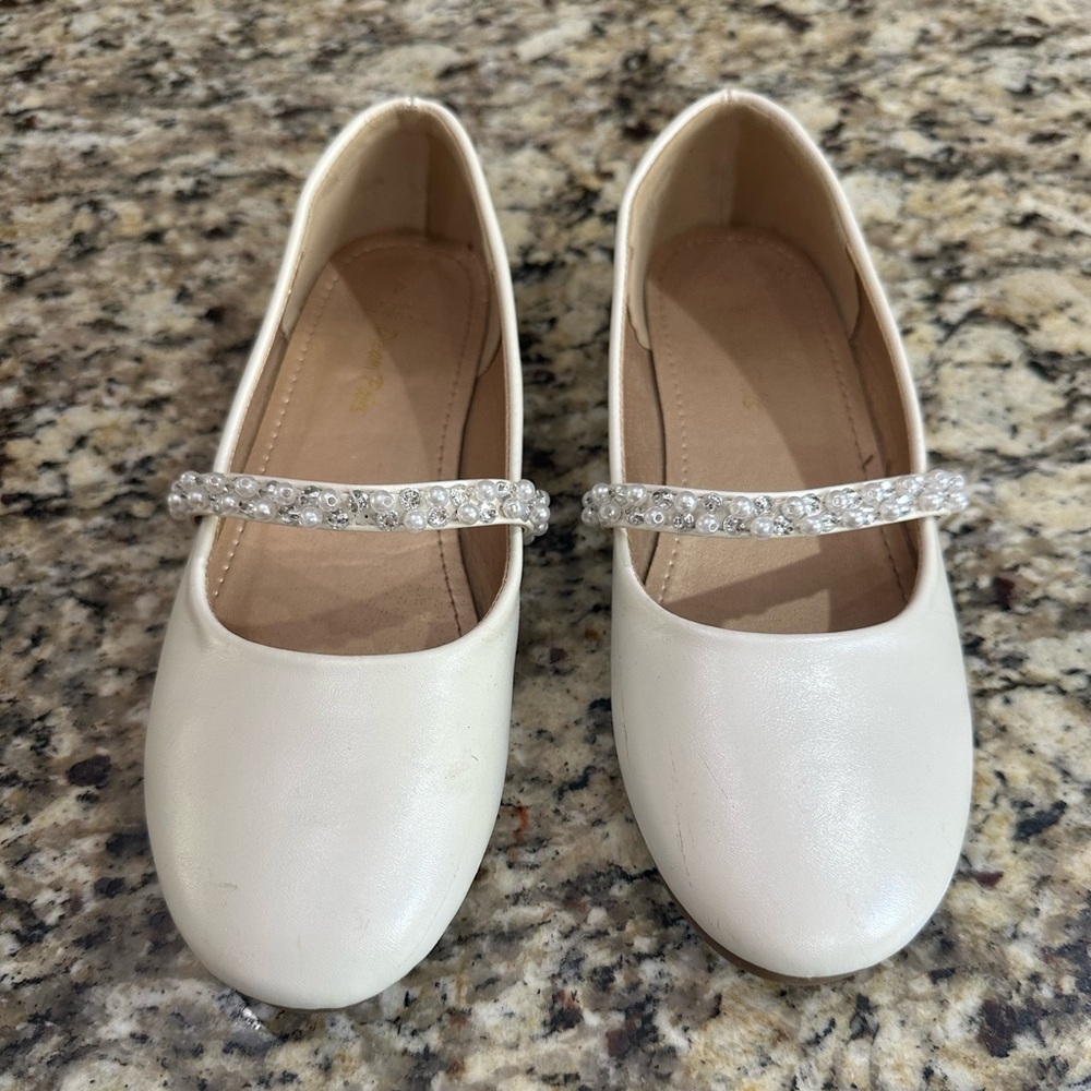 Girls Cream Mary Jane Flats with Rhinestone Strap